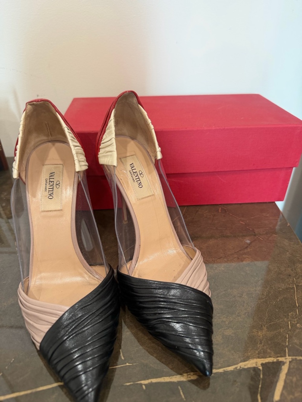 Valentino Garavani Black, Beige and Clear Pointed D'Orsay Pumps - Picture 4 of 4